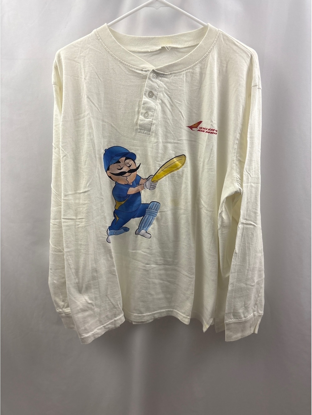Vintage Air India White Long Sleeve Henley Shirt Cricket Player Graphic Sz Large
